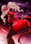  1girl arms_behind_back ass bent_over big_hair blonde_hair blue_eyes blush bodysuit bondage bound breasts curly_hair earrings fake_tail gloves jewelry large_breasts latex_suit long_hair looking_at_viewer looking_back mask ninjartist parted_lips persona persona_5 petals solo tail takamaki_anne thighhighs twintails zipper 