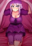  1girl absurdres bangs bed_sheet blue_eyes blush breasts cleavage collarbone dagashi_kashi eyebrows_visible_through_hair eyelashes eyes_visible_through_hair frills heart heart-shaped_pupils highres kneeling large_breasts legs lifting_covers lips looking_at_viewer no_shoes purple_hair shidare_hotaru shirt short_hair sitting sleepwear smile solo symbol-shaped_pupils the_only_shoe thighs 