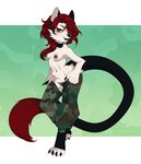  4_toes 5_fingers anthro areola black_nose breasts canine charmrage clothed clothing collar feline female fur hair hybrid mammal nipples open_mouth red_eyes red_hair simple_background smile teeth toes tongue topless white_fur 