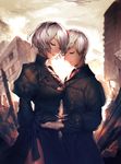  1girl black_dress breasts cleavage closed_eyes commentary_request couple dress gloves hetero highres kokutan_kitsunen medium_breasts mole mole_under_mouth nier_(series) nier_automata no_blindfold ruins white_hair yorha_no._2_type_b yorha_no._9_type_s 