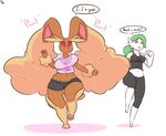  anthro barefoot big_breasts big_ears bouncing_breasts breasts dialogue duo english_text exercise female gardevoir green_hair hair immortalstar lopunny nintendo open_mouth pok&eacute;mon pok&eacute;morph red_eyes sound_effects speech_bubble sweat text video_games wide_hips 