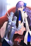  armor armored_boots ass bangs black_legwear blue_eyes blush boots closed_mouth coat commentary couch fate/extra fate/extra_ccc fate/grand_order fate_(series) greaves hair_ribbon hand_up i-pan indoors juliet_sleeves legs_together long_hair long_sleeves looking_at_viewer meltlilith navel on_couch open_clothes open_coat puffy_sleeves purple_hair revision ribbon sitting sleeves_past_wrists smile solo thighhighs thighs 