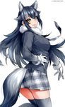  animal_ears black_hair black_legwear blue_eyes breast_pocket breasts commentary_request fur_collar gloves grey_wolf_(kemono_friends) happa_(cloverppd) heterochromia kemono_friends long_hair long_sleeves looking_at_viewer medium_breasts multicolored_hair necktie pocket simple_background skirt solo tail thighhighs two-tone_hair white_background wolf_ears wolf_tail yellow_eyes 