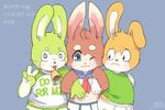  bell bell_collar blue_eyes blush briefs child clothing collar cub fur green_fur group lagomorph male mammal navel necktie orange_fur rabbit red_fur scalefish_520 shirt simple_background standing t-shirt tongue tongue_out underwear v_sign young 