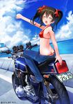  ^_^ artist_name bangs bikini black_hair butt_crack closed_eyes day denim full_body glint ground_vehicle highres hkn_(ringya) jeans kawasaki kawasaki_z750 love_live! love_live!_school_idol_project motor_vehicle motorcycle number_pun open_mouth outdoors pants raised_fist red_bikini riding solo swimsuit swimsuit_under_clothes twintails twitter_username yazawa_nico 