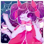  1girl bow extra_arms extra_eyes fangs muffet purple_hair ribbon spider_girl tea twintails undertale wink 