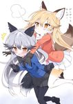  2girls animal_ears black_bow black_gloves black_legwear black_neckwear black_skirt blonde_hair blue_jacket blush bow bowtie brown_eyes commentary_request ezo_red_fox_(kemono_friends) fox_ears fox_tail fur_trim glomp gloves grey_hair hair_between_eyes hug hug_from_behind jacket kemono_friends leaning_forward long_hair long_sleeves multiple_girls open_mouth orange_jacket pantyhose pleated_skirt silver_fox_(kemono_friends) skirt tail takahashi_tetsuya translated white_bow white_neckwear white_skirt 