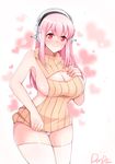  absurdres aran_sweater backless_dress backless_outfit bare_back blush breasts cleavage cleavage_cutout commentary_request dress halterneck headphones highres large_breasts long_hair looking_at_viewer meme_attire nitroplus open-chest_sweater pink_eyes pink_hair ribbed_sweater sideboob smile solo super_sonico sweater sweater_dress thighhighs tras030303 turtleneck turtleneck_sweater virgin_killer_sweater 