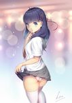  ahoge ass backlighting bad_id bad_pixiv_id bangs blue_eyes blunt_bangs blurry bokeh breasts depth_of_field finger_to_mouth hair_ornament lifted_by_self looking_back original panties pantyshot pleated_skirt school_uniform serafuku shushing signature skirt skirt_lift small_breasts thighhighs underwear white_legwear white_panties xiaosan_ye 