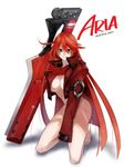  aria_(guilty_gear) barefoot bottomless breasts cosplay dated green_eyes guilty_gear guilty_gear_xrd jacket kneeling large_breasts long_hair maka_(morphine) navel red_hair sol_badguy sol_badguy_(cosplay) solo sword weapon white_background 