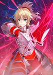  armor benitsuki_tsubasa blonde_hair clarent fate/apocrypha fate_(series) green_eyes highres long_hair looking_at_viewer mordred_(fate) mordred_(fate)_(all) ponytail smile solo sword weapon 