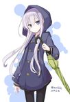  alternate_costume black_legwear blue_eyes closed_umbrella collarbone dated hibiki_(kantai_collection) hood hood_up kantai_collection long_hair looking_at_viewer mochiki pantyhose pleated_skirt raincoat silver_hair skirt solo twitter_username umbrella 