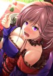  bare_shoulders blush breasts brown_hair cleavage cross cross_earrings dango earrings eyebrows_visible_through_hair fate/grand_order fate_(series) food highres jewelry kanzaki_kureha large_breasts looking_at_viewer miyamoto_musashi_(fate/grand_order) open_mouth pink_eyes short_hair smile solo wagashi 