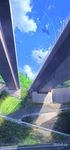  1girl artist_name bag blurry bridge brown_hair chain-link_fence cloud commentary condensation_trail copyright_name day depth_of_field fence from_below hair_ribbon highres hill kimi_no_na_wa looking_back looking_down miyamizu_mitsuha niko_p overpass perspective railing ribbon road running scenery school_bag school_uniform shade sky street sunlight tachibana_taki tree walking 