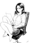  &gt;:( barefoot blush breasts chair cleavage commentary_request dress_shirt frown greyscale highres holding holding_paper holding_pencil medium_breasts medium_hair miniskirt monochrome nikaidou_kou office_chair office_lady original paper pencil shirt signature simple_background sitting skirt solo sweatdrop v-shaped_eyebrows white_background 