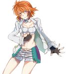  breasts detached_collar fingerless_gloves gloves hayuki106 ibis_douglas jacket midriff navel red_eyes red_hair short_hair shorts simple_background small_breasts solo super_robot_wars white_background 