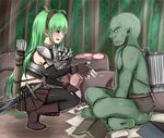  1girl armor baretto_(karasi07) basket book bow_(weapon) commentary_request elf fingerless_gloves flower food forest gloves green_hair highres long_hair meat monster nature orc original pantyhose paper pointy_ears quiver scar skirt squatting sword tears weapon 