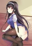  ;) ass bangs black_hair black_legwear blush breasts closed_mouth commentary_request eyebrows_visible_through_hair hairband indoors kaetzchen kasumigaoka_utaha long_hair looking_at_viewer medium_breasts no_shoes on_floor one_eye_closed pantyhose pantyhose_pull pulled_by_self red_eyes revision saenai_heroine_no_sodatekata school_uniform smile solo straight_hair sweater_vest tile_floor tiles very_long_hair white_hairband 