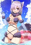  animal_ears ball bare_shoulders beachball blue_sky blush bow breasts claws cloud cloudy_sky costume dangerous_beast day detached_collar elbow_gloves eyebrows_visible_through_hair eyes_visible_through_hair fang fate/grand_order fate_(series) fur-trimmed_gloves fur-trimmed_legwear fur_collar fur_trim gloves hair_over_one_eye highres hips large_breasts looking_at_viewer mash_kyrielight navel nayuhi_(yukimuu14) o-ring open_mouth panties pink_bow purple_eyes purple_gloves purple_hair purple_panties revealing_clothes short_hair sky smile solo sparkle tail thighhighs thighs underwear water water_drop wet wolf_ears wolf_tail 