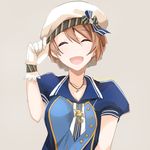  adjusting_clothes adjusting_hat bangs beamed_eighth_notes beret blue_shirt braid buttons closed_eyes commentary_request earrings eighth_note gloves hat idolmaster idolmaster_million_live! jewelry light_brown_hair musical_note musical_note_earrings musical_note_necklace necklace necktie open_mouth pins puffy_short_sleeves puffy_sleeves ribbon sakuramori_kaori shirt short_sleeves side_braid simple_background smile solo swept_bangs upper_body white_gloves white_hat 