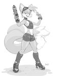  2016 anthro anthrofied boots canine clothed clothing cosplay crossdressing dipstick_tail eyewear footwear fox fur girly goggles gun hi_res high_heels male mammal metroid midriff miles_prower monochrome multi_tail multicolored_tail navel nintendo platform_footwear platform_heels ranged_weapon samus_aran shoes signature simple_background smile snao solo sonic_(series) video_games weapon white_fur 