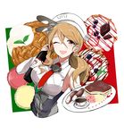  ;d blueberry bottle breasts brown_eyes brown_hair cake coffee cup food fruit holding holding_bottle italian_flag italy kantai_collection large_breasts littorio_(kantai_collection) long_hair morinaga_miki necktie one_eye_closed open_mouth ponytail red_neckwear shirt sleeveless sleeveless_shirt smile solo strawberry sweets teacup wavy_hair white_shirt wine_bottle 