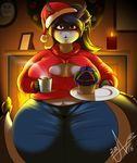 anthro big_breasts breasts christmas cup cupcake dragon female fireplace food frimbobbar hair hat holidays horn looking_at_viewer overweight santa_hat solo 