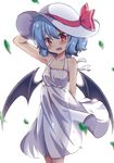  :d beni_kurage blush bow commentary dress eyebrows_visible_through_hair fang hat hat_bow hat_ribbon highres lavender_hair looking_at_viewer open_mouth parted_lips red_bow red_eyes red_ribbon remilia_scarlet ribbon see-through_silhouette short_hair smile solo touhou white_dress wings 