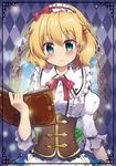  alice_margatroid beni_kurage blonde_hair blue_eyes blush book bow breasts closed_mouth corset eyebrows_visible_through_hair hairband highres holding holding_book looking_at_viewer medium_breasts open_book puffy_short_sleeves puffy_sleeves red_bow short_hair short_sleeves smile solo touhou 