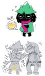  anthro black_fur blush caprine clothed clothing deltarune digital_media_(artwork) duo eyes_closed eyewear female fur glasses goat hair japanese_text laugh long_hair male mammal omorashi peeing ralsei reptile scalie scarf shaking simple_background slap standing surprise susie_(deltarune) teeth text trembling urine wetting white_background すず虫 