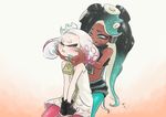  2017 bare_shoulders beauty_mark blush cephalopod clothing crown dark_skin dress duo eyes_closed female fingerless_gloves gloves green_eyes hair headphones humanoid inkling jacket legwear long_hair marina_(splatoon) marine mask navel nintendo not_furry octoling octopus pearl_(splatoon) short_hair smile splatoon squid tentacle_hair tentacles video_games ちよまる 