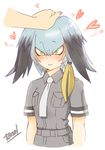  :3 artist_name bangs blush breast_pocket disembodied_limb green_eyes grey_hair grey_shirt hand_on_another's_head heart kemono_friends long_hair low_ponytail multicolored_hair necktie petting pocket shirt shoebill_(kemono_friends) solo_focus tonel upper_body white_neckwear 