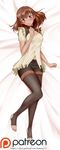  alfred_cullado amber_(rwby) barefoot bed_sheet black_legwear blouse blush breasts brown_eyes brown_hair dakimakura head_tilt highres leggings legwear_under_shorts looking_at_viewer lying medium_breasts mole mole_under_eye navel on_back parted_lips rwby short_hair shorts solo tan thighhighs toeless_legwear watermark white_blouse 