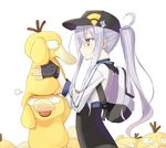  backpack bag bangs baseball_cap black_gloves blush closed_mouth commentary_request cosplay cropped_jacket crossover female_protagonist_(pokemon_go) female_protagonist_(pokemon_go)_(cosplay) fingerless_gloves from_side gen_1_pokemon gloves hair_between_eyes hat hibiki_(kantai_collection) kantai_collection long_hair mochiki pokemon pokemon_(creature) pokemon_go ponytail psyduck simple_background white_background 