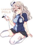  barcode_scanner brown_eyes employee_uniform grey_hair hat kantai_collection lawson long_hair open_mouth pola_(kantai_collection) simple_background sitting skirt solo uniform uousa-ou wavy_hair 