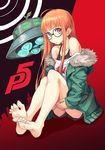  bare_shoulders barefoot coat collarbone copyright_name glasses green_coat highres hinoki_yuu long_hair looking_at_viewer orange_hair persona persona_5 pink_eyes sakura_futaba shorts solo tank_top ufo 