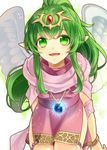  blush cape chiki dress fire_emblem fire_emblem:_monshou_no_nazo gloves green_eyes green_hair hair_ornament hair_ribbon kiyuu long_hair looking_at_viewer mamkute open_mouth pink_dress pointy_ears ponytail red_dress ribbon short_dress smile solo 