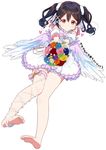  angel_wings ankle_lace-up artist_name bangs barefoot black_hair blush bouquet bow bowtie closed_mouth cross-laced_footwear eyebrows_visible_through_hair feathered_wings flower frilled_sleeves frills full_body hair_flower hair_ornament heart holding holding_bouquet leg_garter looking_at_viewer love_live! love_live!_school_idol_project red_eyes short_hair short_twintails simple_background skull573 sleeveless smile solo twintails white_background wings x_hair_ornament yazawa_nico 