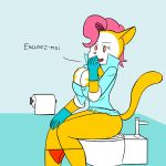  2019 5_fingers anthro bathroom big_breasts big_butt breasts butt clothing digital_media_(artwork) doctor dr.pussycat eyebrows female french_text fur gloves hair huge_breasts looking_at_viewer monique_pussycat notmypornaccount open_mouth panties pink_hair pink_nose simple_background sitting smile solo super_fuck_friends text thick_thighs toilet toilet_paper toilet_use underwear 
