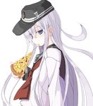  blue_eyes eating flat_cap food hat hibiki_(kantai_collection) holding_pizza kantai_collection long_hair looking_at_viewer mochiki pizza school_uniform serafuku silver_hair solo upper_body white_background 