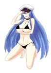  10s 1girl akame_ga_kill! barefoot bikini black_bikini blue_eyes blue_hair breasts cleavage esdeath female hat highres large_breasts long_hair looking_at_viewer smile solo swimsuit underboob 