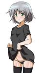  1girl black_panties blush breasts green_eyes panties sanya_v_litvyak skirt skirt_lift small_breasts solo strike_witches thighhighs underwear white_hair world_witches_series 