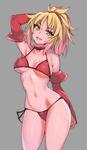  arm_up armpits bikini blonde_hair breasts contrapposto covered_nipples cowboy_shot elbow_gloves fang fate/apocrypha fate_(series) gloves green_eyes grey_background hevn large_breasts looking_at_viewer mordred_(fate) mordred_(fate)_(all) ponytail red_bikini simple_background solo standing swimsuit thighs underboob 