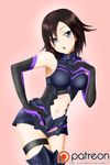  :o alfred_cullado armor armpits bangs bare_shoulders black_armor black_gloves black_hair black_leotard blush breastplate breasts breasts_apart cosplay cowboy_shot elbow_gloves eyebrows_visible_through_hair eyes_visible_through_hair fate/grand_order fate_(series) faulds flipped_hair gloves gorget gradient gradient_background greaves grey_eyes halterneck hand_on_hip hand_on_own_chest hand_up head_tilt highres impossible_clothes leaning_to_the_side legs_together leotard logo looking_at_viewer mash_kyrielight mash_kyrielight_(cosplay) medium_breasts midriff multicolored multicolored_clothes multicolored_gloves navel navel_cutout open_mouth patreon_logo pink_background purple_gloves raised_eyebrows ruby_rose rwby short_hair sideboob skin_tight solo standing thigh_strap thighhighs turtleneck watermark web_address 