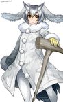  blush cane coat eyebrows_visible_through_hair fur_collar gloves grey_hair happa_(cloverppd) head_wings highres kemono_friends long_sleeves looking_at_viewer multicolored_hair multiple_girls northern_white-faced_owl_(kemono_friends) pantyhose short_hair standing white_hair wings 