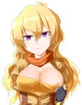  absurdres ahoge akudato blonde_hair blush breasts cleavage commentary_request covered_nipples fingerless_gloves gloves highres large_breasts long_hair nipple_slip nipples purple_eyes rwby smile solo sweat upper_body wavy_hair white_background yang_xiao_long 