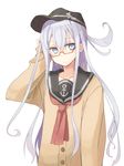  ahoge arm_up bangs blue_eyes cardigan closed_mouth eyebrows_visible_through_hair flat_cap glasses grey_hair hair_between_eyes hat hibiki_(kantai_collection) kantai_collection long_hair looking_at_viewer mochiki red-framed_eyewear school_uniform semi-rimless_eyewear serafuku silver_hair simple_background solo under-rim_eyewear upper_body very_long_hair white_background 