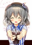  ^_^ ^o^ beret blush closed_eyes coffee commentary_request drink drinking_straw employee_uniform hair_between_eyes hat heart holding iced_coffee kantai_collection kashima_(kantai_collection) lawson short_hair short_sleeves silver_hair smile solo speech_bubble translated two_side_up uniform yadapot 