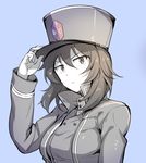  andou_(girls_und_panzer) bc_freedom_(emblem) bc_freedom_military_uniform blue_background closed_mouth emblem girls_und_panzer girls_und_panzer_saishuushou greyscale hat hat_tip highres ikomochi jacket long_hair monochrome open_clothes open_jacket shako_cap simple_background upper_body 