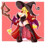  1girl ayazumi_flutter black_legwear blonde_hair breasts cape cleavage demon_girl demon_tail demon_wings female full_body grin hair_over_eyes hat huge_breasts leotard loincloth long_hair original shoes simple_background solo sorceress staff standing succubus tail thighhighs thighs wings witch witch_hat 